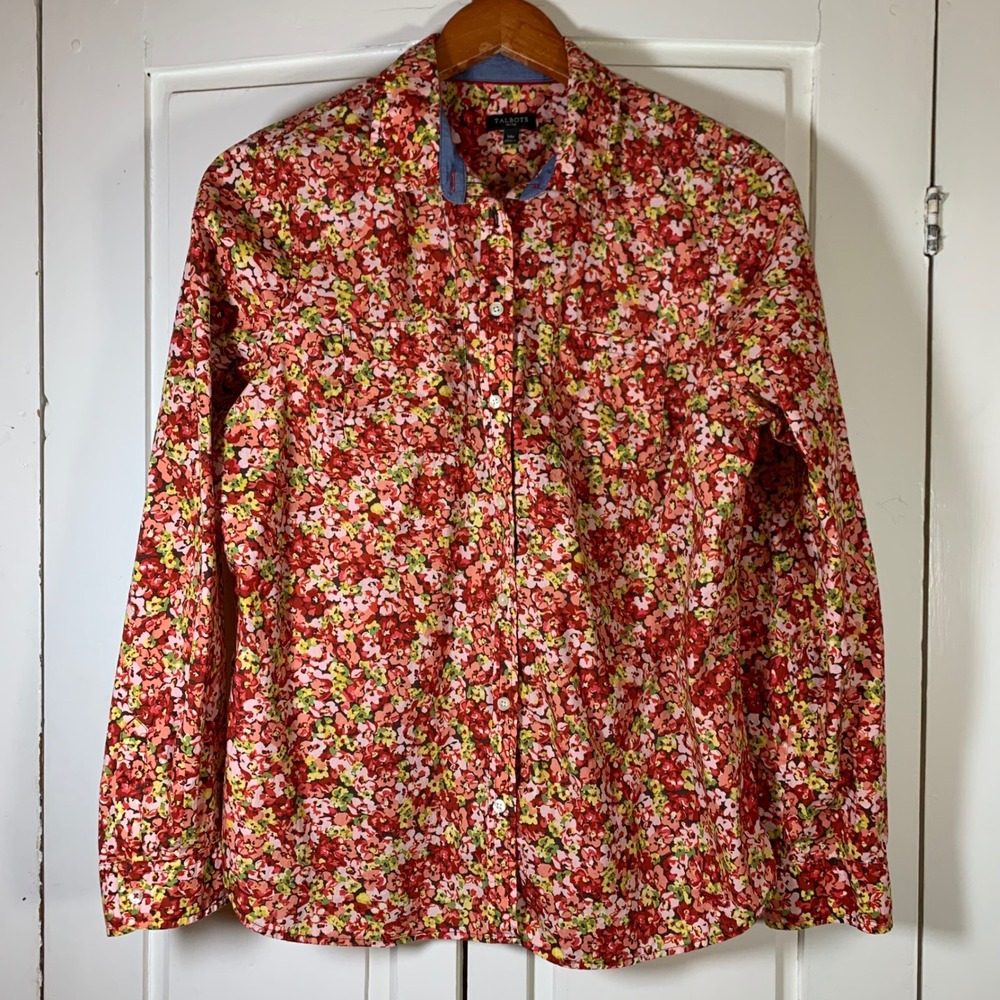 Talbots Petites 14P Red Floral Cotton Long Sleeve Button Down Shirt 03/14 Church